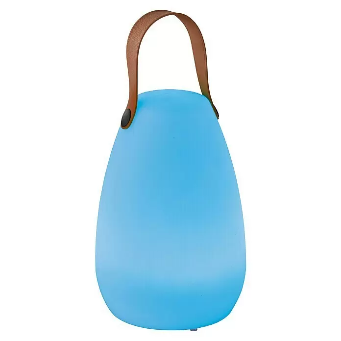 FHL easy Akku-Tischleuchte RUBY - 0,7 W, L x B x H: 14 x 14 x 20 cm, Weiß, RGBW, 1 Stk. - Sanft blau leuchtende tragbare Laterne mit braunem Griff.