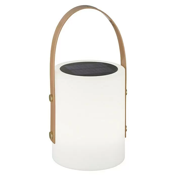 FHL easy Akku-Tischleuchte BARI - 0,5 W, L x B x H: 16 x 16 x 34 cm, Weiß, RGB - Weiße zylindrische Solarlaterne mit schwarzem Solarpanel und hellbraunem Tragegriff mit goldenen Nieten.