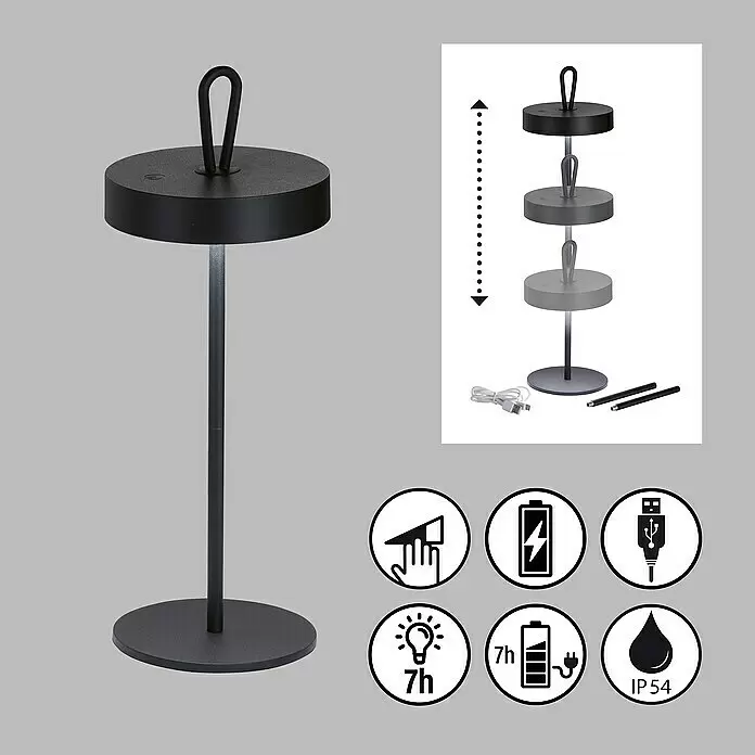FHL easy Akku-Tischleuchte DORD - 2,5 W, L x B x H: 12,8 x 12,8 x 46,6 cm, Sandschwarz, Warmweiß - Schwarze tragbare Tischlampe mit Griff, höhenverstellbar, Touch-Steuerung, Akku (7h Laufzeit) und IP54 Wasserschutz.