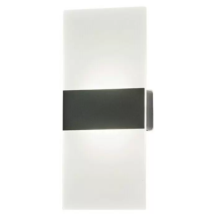 FHL easy Magnetic Akku-Wandleuchte - 3,8 x 9,6 x 22,5 cm, Schwarz, Warmweiß, 2 W, IP20 - Rechteckige weiße Wandleuchte mit dunkelgrauem Horizontalband, das nach oben und unten leuchtet.