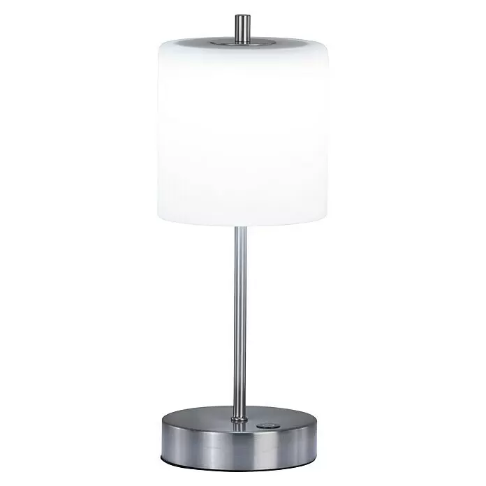 FHL easy Akku-Tischleuchte RIVA - 2 W, L x B x H: 13 x 13 x 34,5 cm, Nickel/Weiß, Mehrfarbig - Moderne Tischlampe mit gebürstetem Silberfuß und -stange sowie weißem zylindrischem Schirm. Verfügt über einen diskreten Einschaltknopf am Fuß.