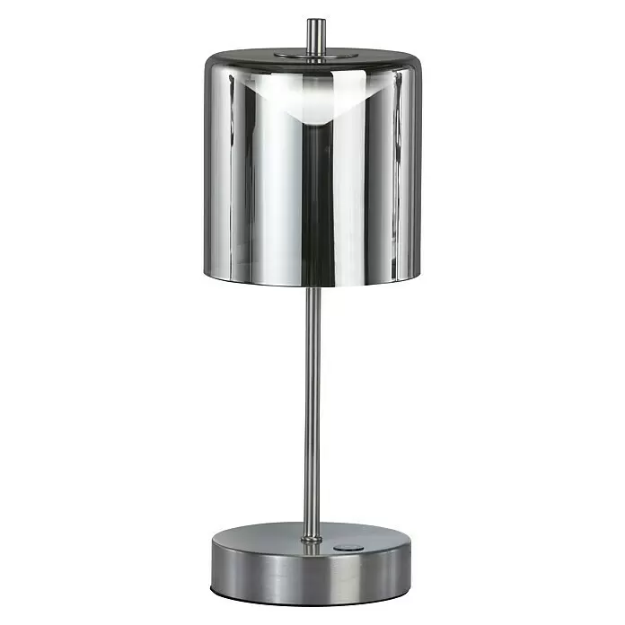 FHL easy Akku-Tischleuchte RIVA - 2 W, L x B x H: 13 x 13 x 34,5 cm, Silber, Mehrfarbig - Elegante Tischleuchte aus Chrom mit zylindrischem Schirm und rundem Sockel.