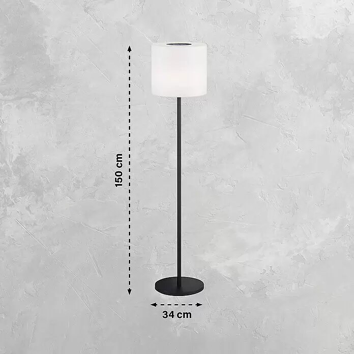 SCHÖNER WOHNEN-Kollektion Akku-Stehleuchte MINA - 34 x 34 x 150 cm, Sandschwarz, RGB, 2 W, IP44 - Schwarze Stehlampe mit weißem zylindrischem Schirm, 150 cm hoch, Basis 34 cm Durchmesser.