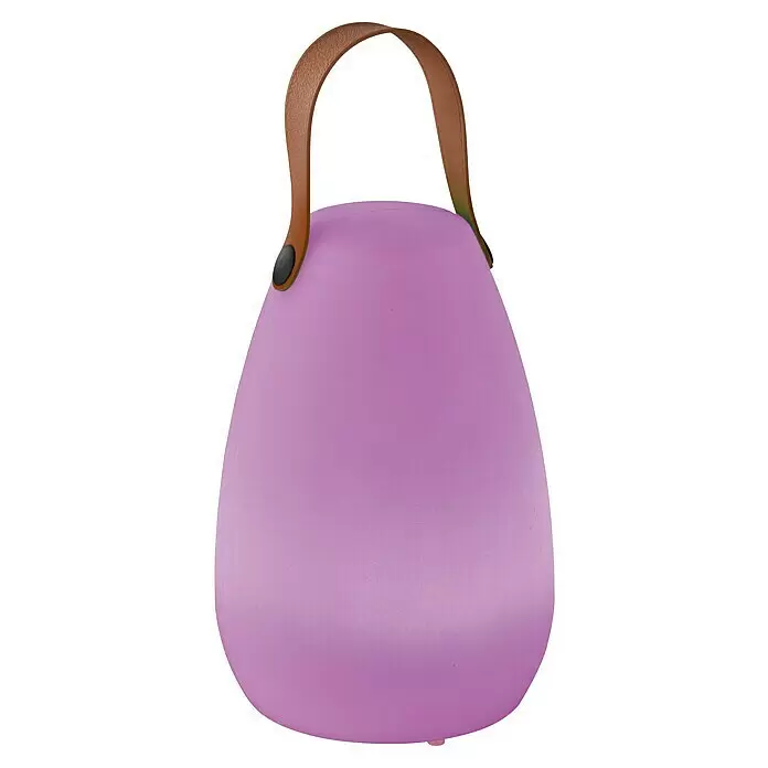 FHL easy Akku-Tischleuchte RUBY - 0,7 W, L x B x H: 14 x 14 x 20 cm, Weiß, RGBW, 1 Stk. - Mattierte lila tragbare Lampe mit braunem Griff.