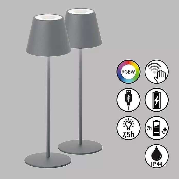 FHL easy Akku-Tischleuchte COSENZA - 2 W, L x B x H: 12 x 12 x 38 cm, Sand, RGB, 2 Stk. - Zwei graue konische Tischleuchten, RGBW wiederaufladbar mit Touch-Steuerung und IP44 wasserdicht.