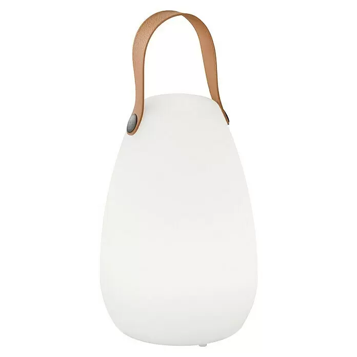 FHL easy Akku-Tischleuchte RUBY - 0,7 W, L x B x H: 14 x 14 x 20 cm, Weiß, RGBW, 1 Stk. - Weiße tragbare Lampe mit braunem Ledergriff.