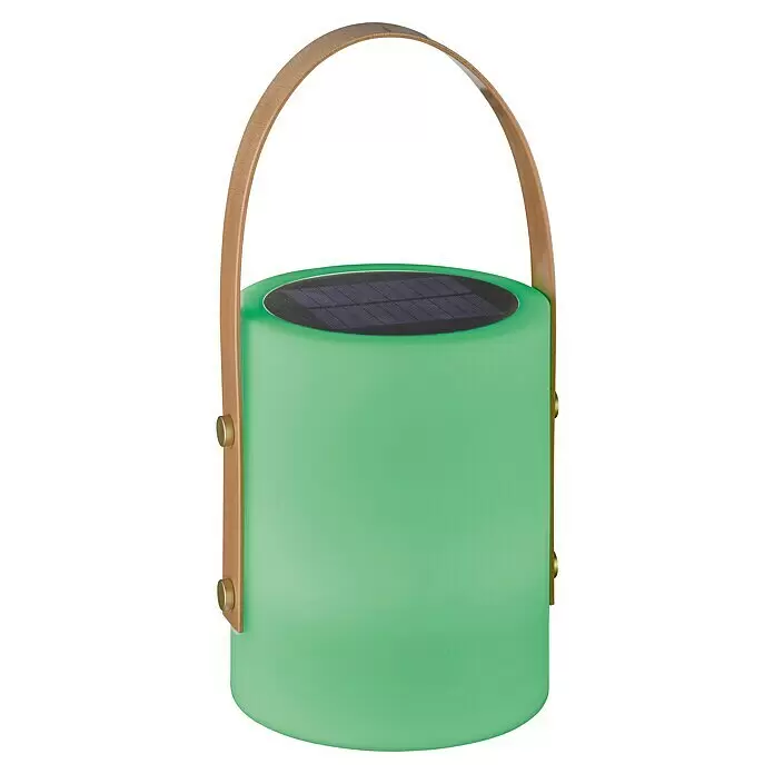 FHL easy Akku-Tischleuchte BARI - 0,5 W, L x B x H: 16 x 16 x 34 cm, Weiß, RGB - Zylindrische grüne Solarlaterne mit schwarzem Solarpanel und hellbraunem Griff.