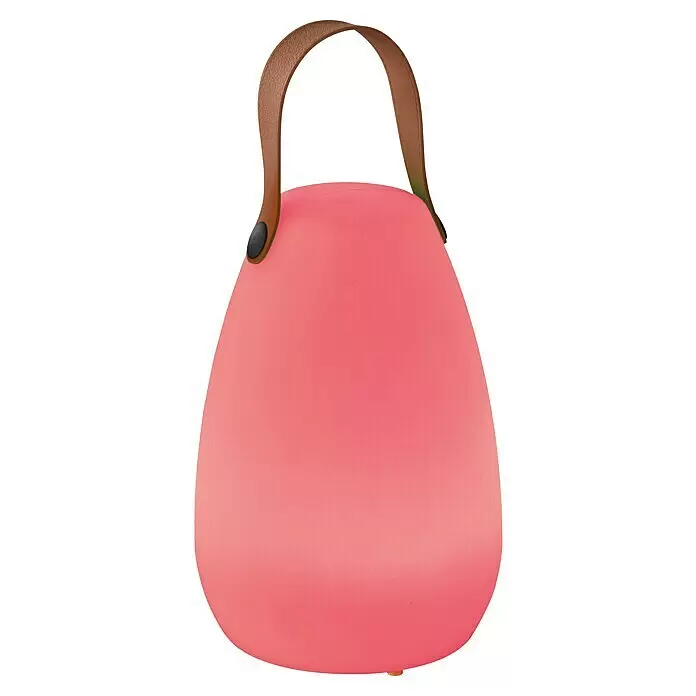 FHL easy Akku-Tischleuchte RUBY - 0,7 W, L x B x H: 14 x 14 x 20 cm, Weiß, RGBW, 1 Stk. - Rosa, eiförmige tragbare LED-Laterne mit braunem Griff.
