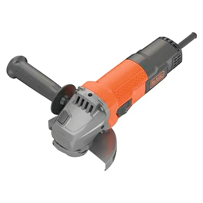 Black+Decker Amoladora angular eléctrica BEG110 - 750 W, 115 mm - Imagen de una amoladora angular Black+Decker con mango lateral, utilizada para tareas de esmerilado y corte.