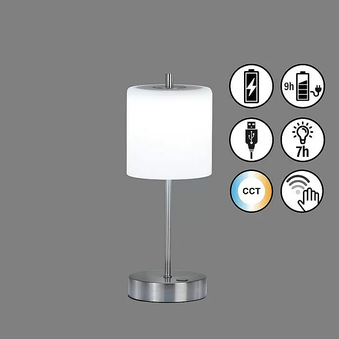 FHL easy Akku-Tischleuchte RIVA - 2 W, L x B x H: 13 x 13 x 34,5 cm, Nickel/Weiß, Mehrfarbig - Tischleuchte aus gebürstetem Metall mit weißem Zylinderschirm, 9h Akku, USB-Laden, CCT-Anpassung, Touch-Steuerung.