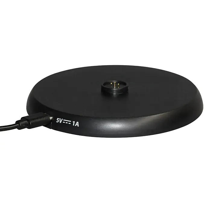FHL easy Akku-Tischleuchte COSENZA 2.0 - 2 W, L x B x H: 11 x 11 x 34 cm, Rost, RGB - Nahaufnahme einer schwarzen Ladestation mit USB-Anschluss, die mit 5V und 1A gekennzeichnet ist, für elektronische Geräte.