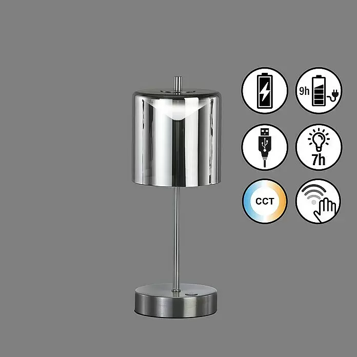 FHL easy Akku-Tischleuchte RIVA - 2 W, L x B x H: 13 x 13 x 34,5 cm, Silber, Mehrfarbig - Wiederaufladbare silberne Tischleuchte mit zylindrischem Design, Touch-Steuerung und einstellbarer Lichtfarbe.