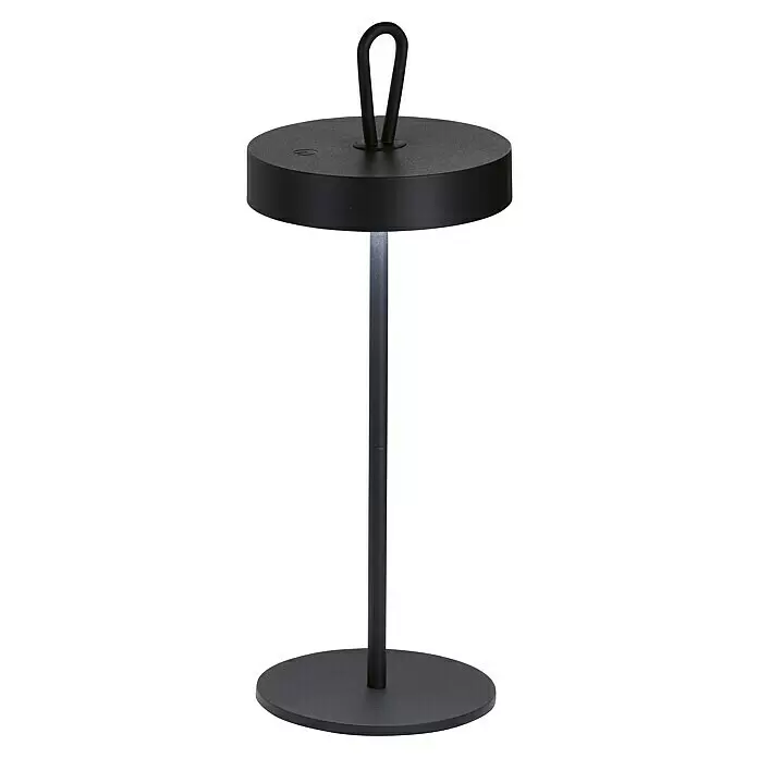 FHL easy Akku-Tischleuchte DORD - 2,5 W, L x B x H: 12,8 x 12,8 x 46,6 cm, Sandschwarz, Warmweiß - Eine schwarze, tragbare Tischlampe mit zylindrischem Ständer, rundem Fuß, runder Oberseite und gebogenem Griff.