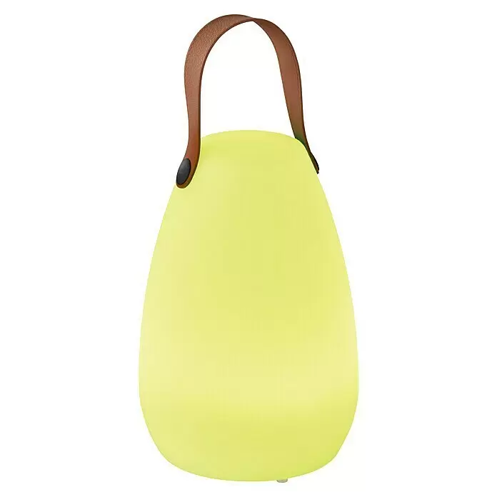 FHL easy Akku-Tischleuchte RUBY - 0,7 W, L x B x H: 14 x 14 x 20 cm, Weiß, RGBW, 1 Stk. - Eine abgerundete, hellgelbe tragbare Lampe mit braunem Ledergriff.
