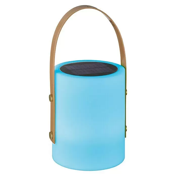 FHL easy Akku-Tischleuchte BARI - 0,5 W, L x B x H: 16 x 16 x 34 cm, Weiß, RGB - Tragbare, zylindrische blaue Solarlaterne mit schwarzem Solarpanel und hellbraunem Griff.