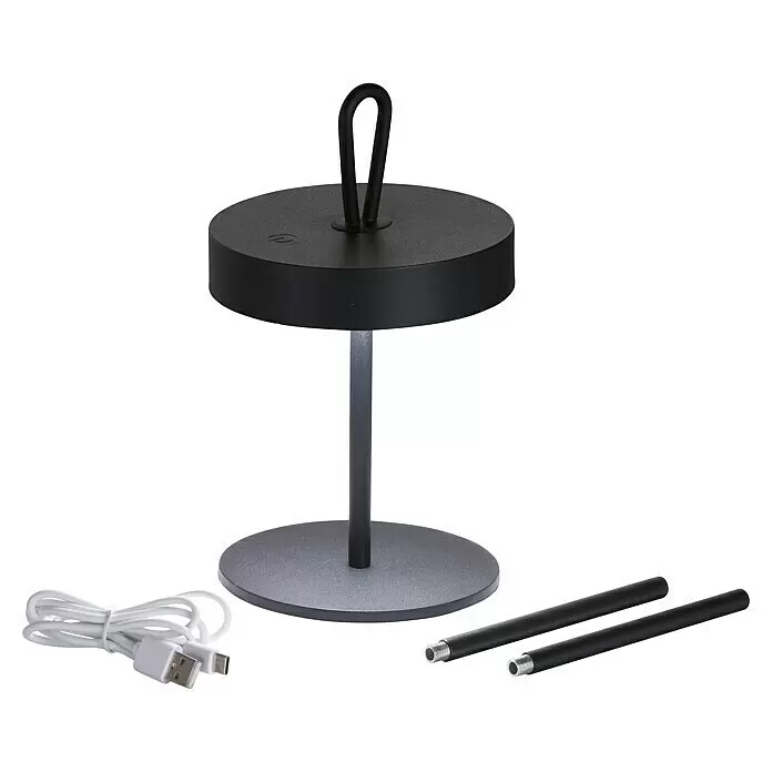 FHL easy Akku-Tischleuchte DORD - 2,5 W, L x B x H: 12,8 x 12,8 x 46,6 cm, Sandschwarz, Warmweiß - Schwarze und graue modulare Tischleuchte mit Griff, USB-C-Kabel und zwei Schaftverlängerungen.