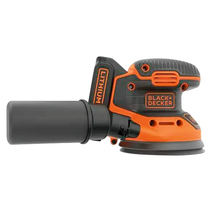 Black+Decker 18V PowerConnect Lijadora excéntrica de batería BDCROS18-QW - 18 V, Iones de litio, 1,5 Ah, 1 batería, 125 mm - Imagen de una lijadora orbital inalámbrica Black+Decker en naranja y negro, ideal para tareas de lijado con libertad sin cables.