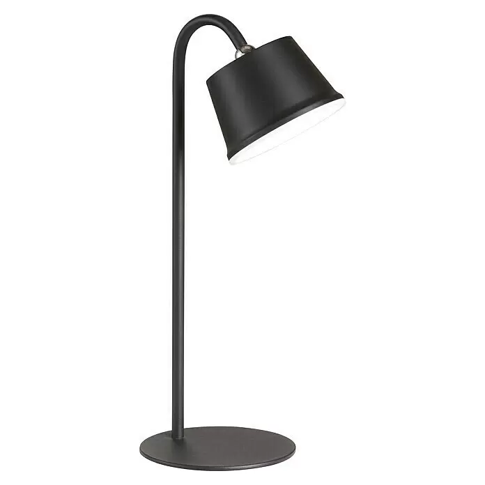 FHL easy Akku-Tischleuchte VOET - 3 W, L x B x H: 17 x 12 x 34 cm, Sandschwarz, Warmweiß - Schwarze Metall-Tischlampe mit gebogenem Arm, konischem Schirm und rundem Fuß, spendet Licht.