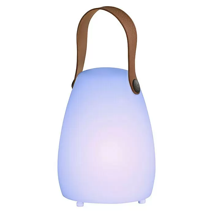 FHL easy Akku-Tischleuchte RUBY - 0,5 W, L x B x H: 12 x 12 x 16 cm, Weiß, RGBW, 1 Stk. - Hellblau leuchtende tragbare Laterne mit braunem Griff.