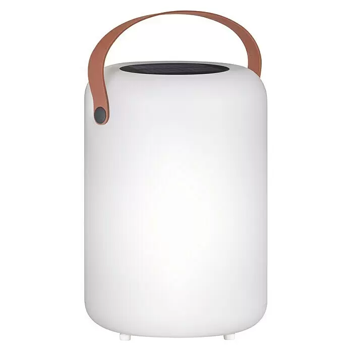 FHL easy Akku-Tischleuchte ORNO Solar - 0,5 W, L x B x H: 14 x 14 x 20 cm, Weiß, RGB, Solarbetrieben - Weiße tragbare Laterne mit braunem Griff und Solarpanel oben.