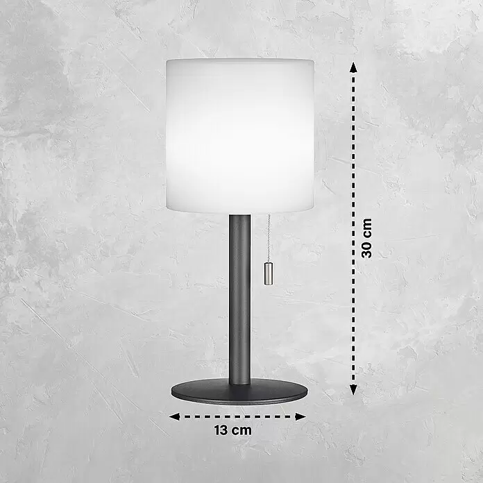 FHL easy Akku-Tischleuchte LESINA - 1,5 W, L x B x H: 13 x 13 x 30 cm, Sand, RGB, Akkubetrieben - Dunkelgraue Tischlampe mit weißem zylindrischem Schirm und Zugkette. 30 cm hoch, Basis 13 cm Durchmesser.