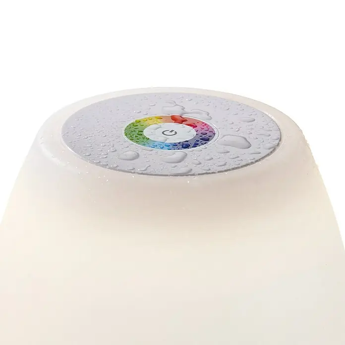FHL easy Akku-Tischleuchte BARLETTA - 2 W, L x B x H: 16 x 16 x 26 cm, Weiß, RGB - Nahaufnahme einer weißen Lampe mit Farbrad und Wassertropfen. Ideal für stimmungsvolle Beleuchtung.