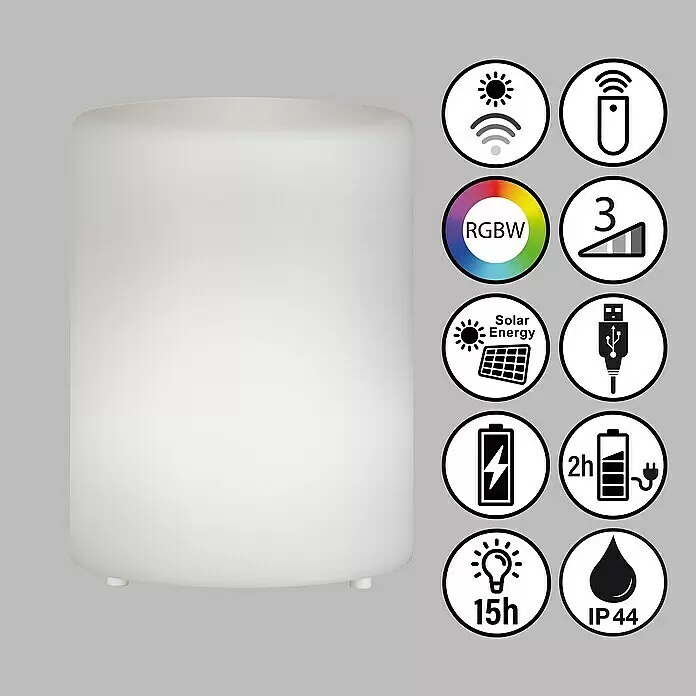 FHL easy Akku-Tischleuchte CEPPO - 0,1 W, L x B x H: 11 x 11 x 15 cm, Weiß, RGB - Weißes zylindrisches Außenlicht mit RGBW, Solarladung, USB, Fernbedienung, dimmbar, 15h Akku und IP44 Schutz.