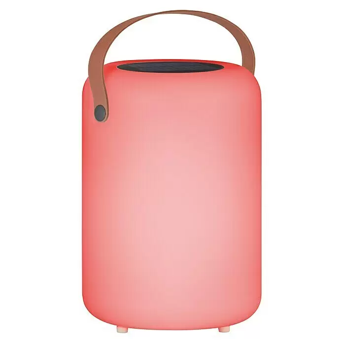 FHL easy Akku-Tischleuchte ORNO Solar - 0,5 W, L x B x H: 14 x 14 x 20 cm, Weiß, RGB, Solarbetrieben - Rosa zylindrische Solarlaterne mit braunem Tragegriff.