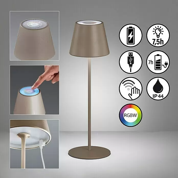 FHL easy Akku-Tischleuchte COSENZA - 2 W, L x B x H: 12 x 12 x 38 cm, Graubraun, RGB, 1 Stk. - Taupefarbene tragbare LED-Tischleuchte. Mit RGBW-Touch-Steuerung, per USB aufladbar und IP44-wasserfest.