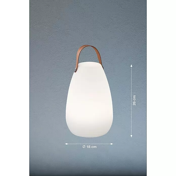 FHL easy Akku-Tischleuchte RUBY - 1 W, L x B x H: 18 x 18 x 26 cm, Weiß, RGBW, 1 Stk. - Leuchtende, weiße, tragbare Lampe mit braunem Ledergriff.