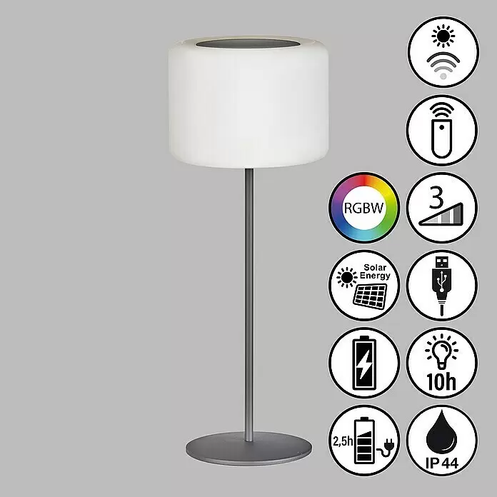 FHL easy Akku-Tischleuchte PINO - 0,5 W, L x B x H: 15 x 15 x 39,5 cm, Sandschwarz, RGB - Weiße zylindrische Stehlampe mit dunkelgrauem Metallsockel und Stiel. Diese moderne Lampe ist tragbar und wiederaufladbar.