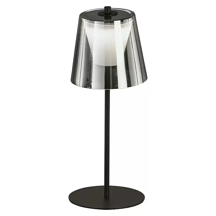 FHL easy Akku-Tischleuchte MARBELLA - 2 W, L x B x H: 14 x 14 x 35 cm, Rauchschwarz/ Sandschwarz, Warmweiß - Schwarze Tischlampe mit schwarzem Fuß und Stiel, mit klarem konischem Schirm und weißem Innendiffusor.
