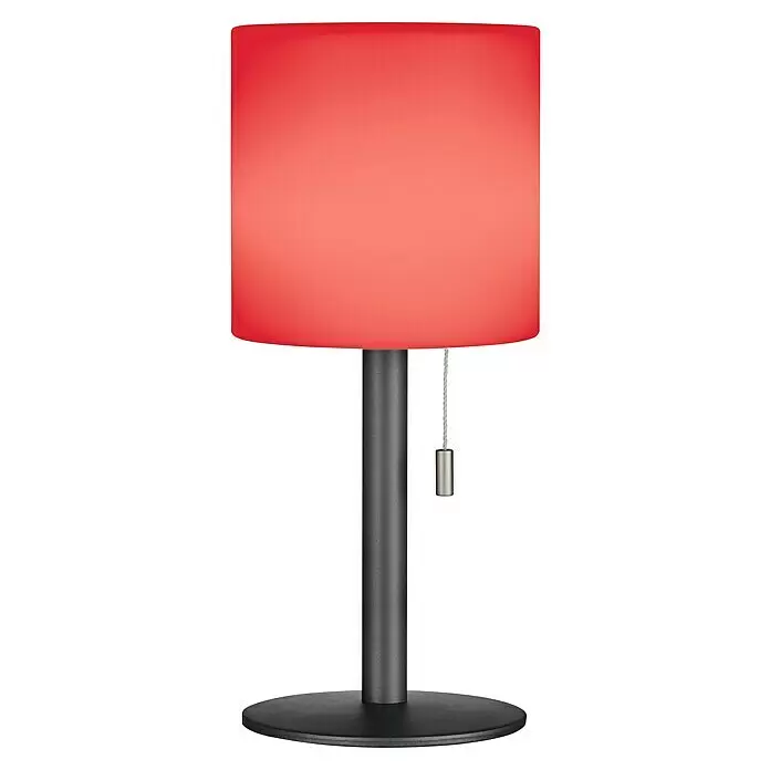 FHL easy Akku-Tischleuchte LESINA - 1,5 W, L x B x H: 13 x 13 x 30 cm, Sand, RGB, Akkubetrieben - Rote zylindrische Tischleuchte mit dunklem grauen Stiel und rundem Fuß, mit metallischem Zugschalter.