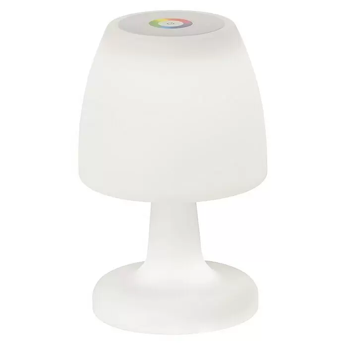 FHL easy Akku-Tischleuchte BARLETTA - 2 W, L x B x H: 16 x 16 x 26 cm, Weiß, RGB - Weiße, minimalistische, pilzförmige Tischlampe mit Farbrad und Einschaltknopf auf der Oberseite.