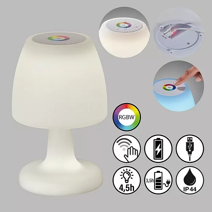 FHL easy Akku-Tischleuchte BARLETTA - 2 W, L x B x H: 16 x 16 x 26 cm, Weiß, RGB - Weiße, pilzförmige RGBW LED-Tischleuchte mit Touch-Steuerung, Akku und IP44 Wasserschutz.