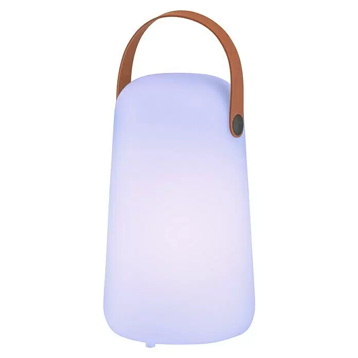 FHL easy Akku-Tischleuchte COLLGAR - 0,5 W, L x B x H: 12,5 x 12,5 x 21 cm, Weiß, RGB - Sanft leuchtende tragbare Lampe mit braunem Griff.