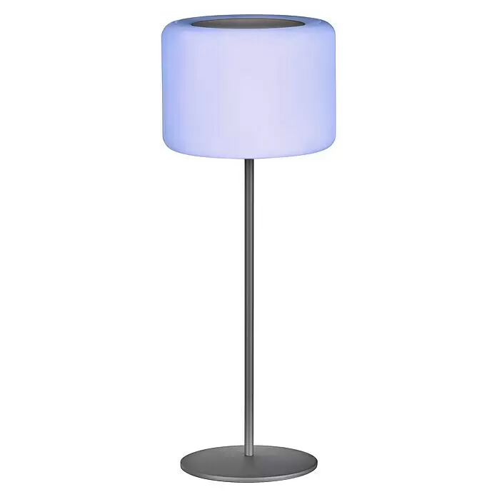 FHL easy Akku-Tischleuchte PINO - 0,5 W, L x B x H: 15 x 15 x 39,5 cm, Sandschwarz, RGB - Moderne Tischleuchte mit zylindrischem, durchscheinendem Schirm und grauem Metallfuß.
