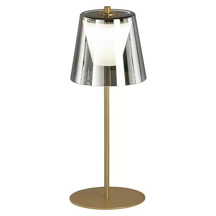 FHL easy Akku-Tischleuchte MARBELLA - 2 W, L x B x H: 14 x 14 x 35 cm, Gold, Warmweiß - Tragbare goldene Tischlampe mit einem metallisch getönten konischen Schirm.