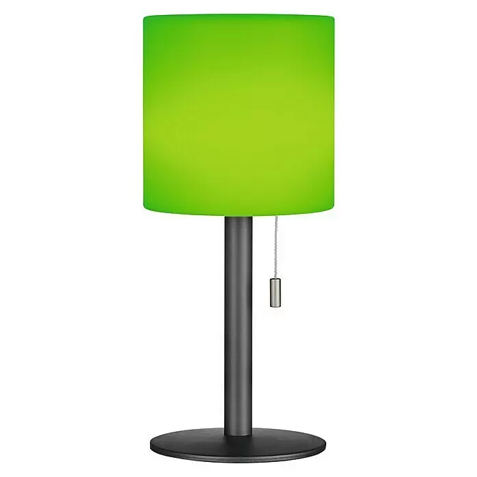 FHL easy Akku-Tischleuchte LESINA - 1,5 W, L x B x H: 13 x 13 x 30 cm, Sand, RGB, Akkubetrieben - Grüne Tischlampe mit dunkelgrauem Ständer und Sockel, ausgestattet mit einer Metallzugkette.