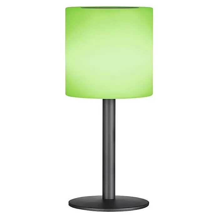 FHL easy Akku-Tischleuchte LESINA Solar - 0,5 W, L x B x H: 13 x 13 x 30 cm, Sandschwarz, RGB, Solarbetrieben - Tischlampe mit limettengrünem zylindrischem Schirm, dunkelgrauem Ständer und rundem Fuß.