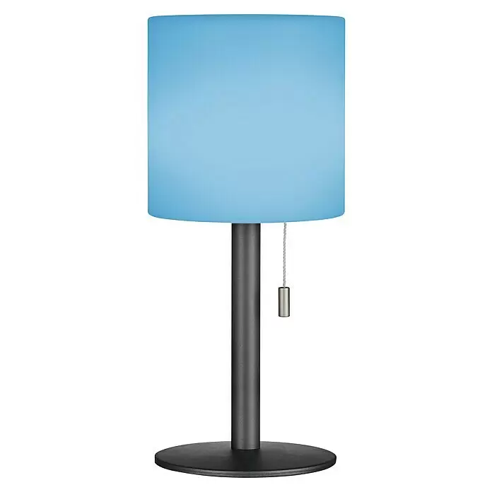 FHL easy Akku-Tischleuchte LESINA - 1,5 W, L x B x H: 13 x 13 x 30 cm, Sand, RGB, Akkubetrieben - Blaue zylindrische Tischlampe mit dunkelgrauem Ständer, rundem Fuß und Zugkette.