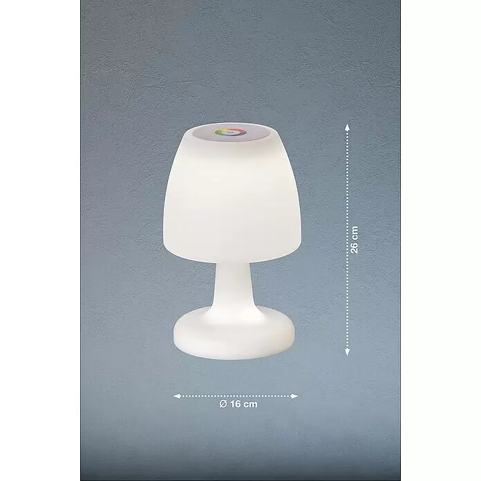 FHL easy Akku-Tischleuchte BARLETTA - 2 W, L x B x H: 16 x 16 x 26 cm, Weiß, RGB - Weiß leuchtende LED-Tischlampe mit Touch-Farbsteuerung, 26 cm hoch, 16 cm Durchmesser.