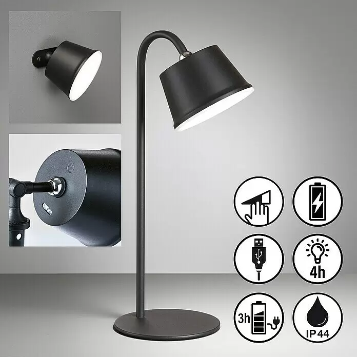 FHL easy Akku-Tischleuchte VOET - 3 W, L x B x H: 17 x 12 x 34 cm, Sandschwarz, Warmweiß - Mattschwarze tragbare LED-Leuchte, als Tisch- oder Wandleuchte nutzbar, mit Touch-Steuerung und Akku.