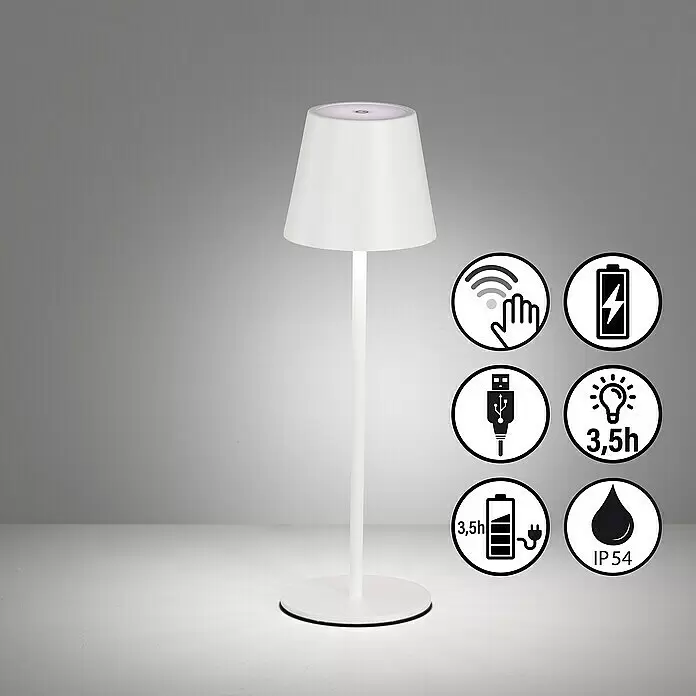 FHL easy Akku-Tischleuchte Viletto - 2 W, L x B x H: 11 x 11 x 36,5 cm, Sandweiß, Warmweiß - Eine weiße, wiederaufladbare Tischleuchte mit Touch-Steuerung, USB-Ladefunktion, 3,5h Akkulaufzeit und IP54-Wasserschutz.