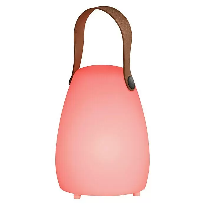 FHL easy Akku-Tischleuchte RUBY - 0,5 W, L x B x H: 12 x 12 x 16 cm, Weiß, RGBW, 1 Stk. - Tragbare rosa LED-Laterne mit braunem Henkel.