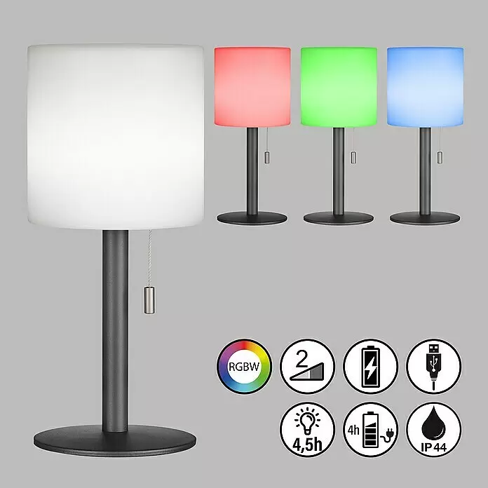 FHL easy Akku-Tischleuchte LESINA - 1,5 W, L x B x H: 13 x 13 x 30 cm, Sand, RGB, Akkubetrieben - Eine weiße Tischlampe mit dunklem Fuß und Stiel, zusammen mit roten, grünen und blauen Farbvarianten. Symbole zeigen RGBW, dimmbar, Akku, USB, 4,5h Licht, 4h Ladezeit, IP44 an.