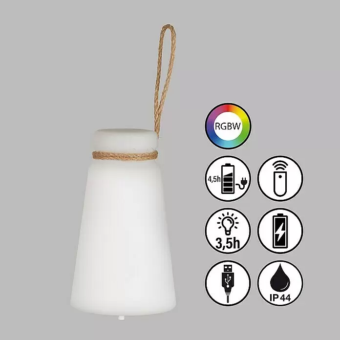 FHL easy Akku-Tischleuchte BRUNO - 0,5 W, L x B x H: 12 x 12 x 20 cm, Weiß, RGB - Weiße glockenförmige RGBW-Leuchte mit Juteseilgriff und -besatz, wiederaufladbar und IP44 wetterfest.