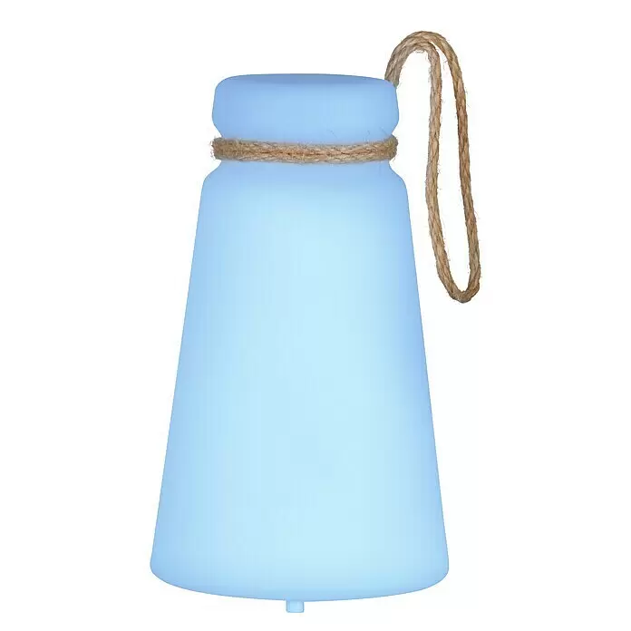 FHL easy Akku-Tischleuchte BRUNO - 0,5 W, L x B x H: 12 x 12 x 20 cm, Weiß, RGB - Hellblaue glockenförmige Laterne mit natürlichem Seilakzent und Henkel.