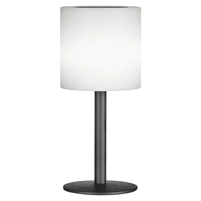 FHL easy Akku-Tischleuchte LESINA Solar - 0,5 W, L x B x H: 13 x 13 x 30 cm, Sandschwarz, RGB, Solarbetrieben - Moderne Tischlampe mit weißem zylindrischem Schirm und dunkelgrauem Metallsockel und Stiel.