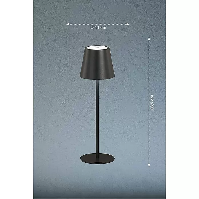 FHL easy Akku-Tischleuchte Viletto - 2 W, L x B x H: 11 x 11 x 36,5 cm, Sandschwarz, Warmweiß - Schwarze Tischleuchte mit konischem Schirm, rundem Fuß und weißer Lichtfläche. Höhe 36,5 cm, Ø 11 cm.